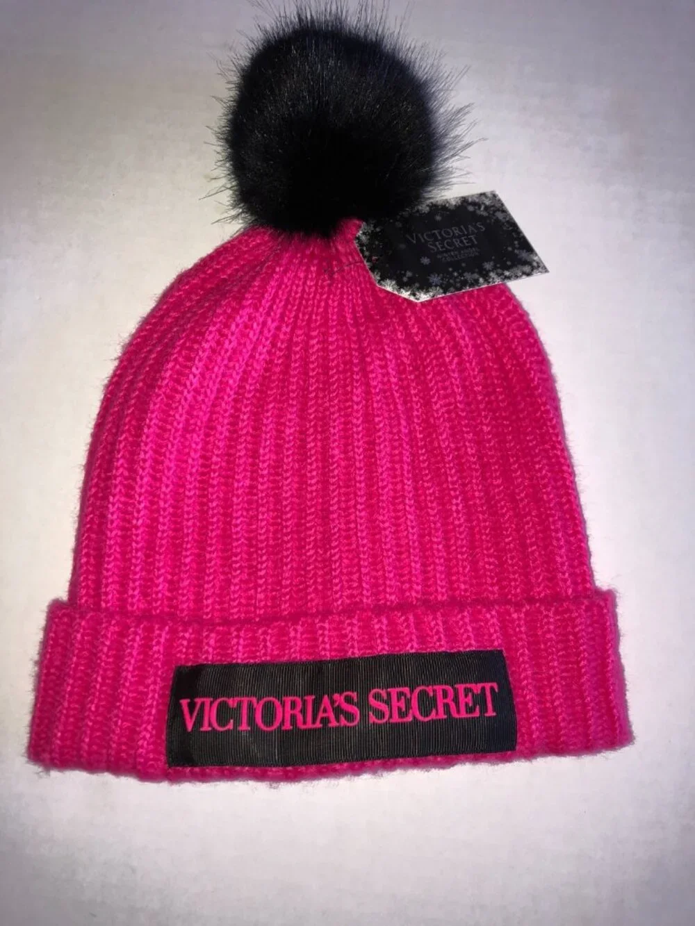 Victoria's Secret Pink Knit Beanie Hat Black Pom-Pom One Size Women Winter
